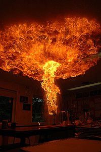 A pillar of fire erupts from a pan and spreads across the ceiling above.