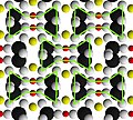 Structure of pyroxene looking along the silica chains. "I-beams" are outlined in green. Silicon ions are oversized to emphasize the silicon chains.