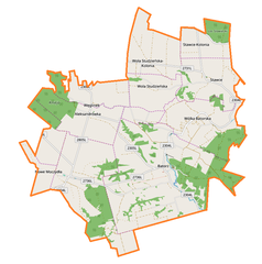 Mapa konturowa gminy Batorz, u góry nieco na prawo znajduje się punkt z opisem „Wola Studzieńska”