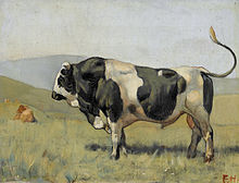 peinture du XIXe siècle montrant un taureau pie noir musculeux au pré.