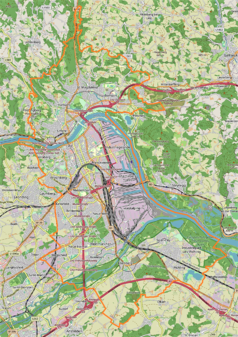 Mapa konturowa Linzu, u góry znajduje się punkt z opisem „Uniwersytet Johannesa Keplera w Linzu”