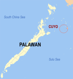 Mapa ng Palawan na nagpapakita sa lokasyon ng Cuyo.