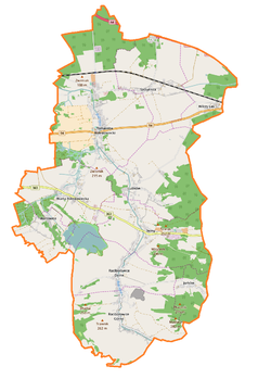 Mapa konturowa gminy Warta Bolesławiecka, na dole znajduje się punkt z opisem „Raciborowice Górne”