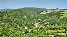 La combe des Mercureaux sur la rive « sauvage » et plus préservée du Doubs, avec en arrière-plan l'antenne-relais de Montfaucon.