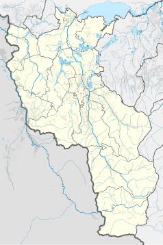 Mapa konturowa powiatu cieszyńskiego, na dole nieco na prawo znajduje się punkt z opisem „Łabajów K65”