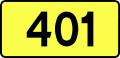 English: Sign of DW 401 with oficial font Drogowskaz and adequate dimensions.