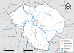 Carte en couleur présentant le réseau hydrographique de la commune