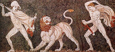 Mosaic from Pella (ancient Macedonia), late 4th century BC, depicting Alexander the Great and Craterus.