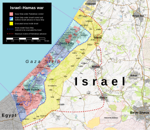 Map of the Gaza Strip and part of Israel. The part of Israel surrounding the Strip is marked as evacuated. Some parts of the Strip is marked as under Israeli control, and the remainder is marked as under Hamas control.