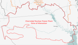 Map showing the "30-Kilometre Zone" (red) around the Chernobyl Nuclear Power Plant and the Polesie State Radioecological Reserve (orange) in neighbouring Belarus