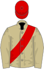 Beige, red sash and cap