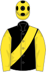 Black, yellow sash and sleeves, yellow cap, black spots