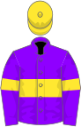 Violet, yellow hoop on body and sleeves, yellow cap