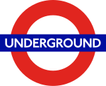 London Underground logo, known as the roundel, is made of a red circle with a horizontal blue bar.