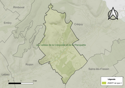 Carte de la ZNIEFF de type 2 sur la commune.