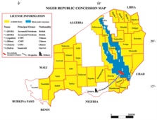 Map showing Niger Oil and Gas blocs and licenses information from 2020. Almost all blocks are available for concession, except six: three are held by CNPC, two by Savannah Petroleum and one by Sonatrach.