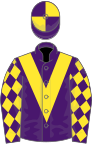 Purple, yellow chevron, diamonds on sleeves, quartered cap