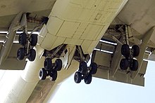 A view of the 747's four main landing gear, each with four wheels