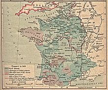 Carte anglaise (date inconnue) représentant la France après l'annexion de Lyon. La ville (indiquée en tant que « Lyons » et la province environnante sont mentionnés comme faisant partie du « domaine royal ».