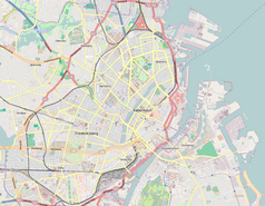 Mapa konturowa Kopenhagi, blisko centrum na dole znajduje się punkt z opisem „Uniwersytet Kopenhaski”