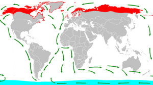 Anidamiento (rojo), invernación (azul) y rutas de migración (verde)