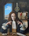 'Robert Hooke, Engineer'. A memorial portrait presented to the Department of Engineering Science at Oxford University in 2009. It shows Hooke in Oxford with important work – a wheel barometer, his microscope and copy of 'Micrographia', a pocket watch, optic, spring and universal joint. He is holding a chain to make a catenary arch and on the wall behind him is a map of the City of London which he helped to survey and rebuild after the Great Fire of 1666. Oil on board by Rita Greer 2009.