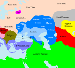 Chazarenrijk op zijn hoogtepunt. Het lichtblauwe gebied vormt het rijk en het donkerblauwe gebied de invloedssfeer van het rijk