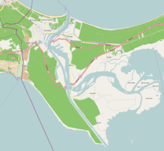 Mapa konturowa Świnoujścia, u góry nieco na lewo znajduje się punkt z opisem „Port Handlowy Świnoujście”