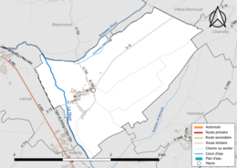 Carte en couleur présentant le réseau hydrographique de la commune