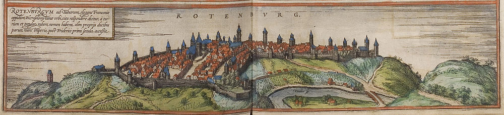 Zicht op Rothenburg ob der Tauber (Rotenburgum ad Tubarum) in Georg Braun en Frans Hogenberg,Civitates Orbis Terrarum, Band 1 (Keulen 1582)