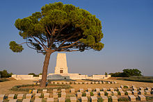 A cemetery with evenly spaced markers in the foreground and a monument in the background