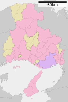 Mapa konturowa prefektury Hyōgo, blisko górnej krawiędzi znajduje się punkt z opisem „Toyo’oka”