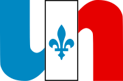 A logo of a political party, consisting of blue letter "u" and red letter "n", glued together by a white stripe with a blue fleur-de-lis in its middle