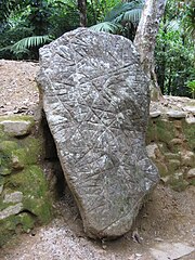 Kamen z izrezljanimi oznakami, za katerega se domneva, da je zemljevid Ciudad Perdida in poti, ki ga povezujejo z večjim območjem (glej Izgubljena mesta z Albertom Linom, S1 E3, "El Dorado, mesto zlata").