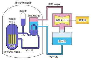 加圧水型原子炉(PWR)の模式図 美浜発電所3号機では復水器から蒸気発生器に至る2次冷却系統の復水系配管で破裂事故が発生した。模式図では水と表記しているが、漏洩した箇所では約10気圧140℃の高圧熱水が流れていた。