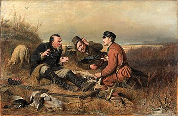 Les Chasseurs au repos (1871), scène de genre réaliste du peintre russe Vassili Perov, appartenant au groupe des Ambulants. (définition réelle 2 001 × 1 300)