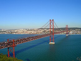 Long, red suspension bridge against a cloudless sky