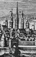 Merian 1647, Osnabrück von Osten, Cath. S. Petri (Nr. 13) mit hohem spitzen Südturm und Haube auf dem Nordturm