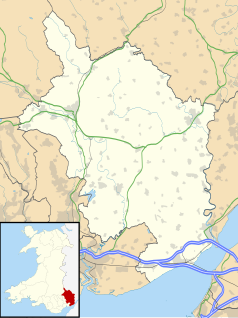 Mapa konturowa Monmouthshire, blisko centrum na prawo u góry znajduje się ikonka pałacu z opisem „The Hendre”