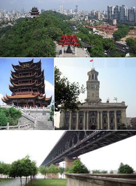 Een collage van Wuhan Van boven naar beneden en van links naar rechts: de skyline van Wuhan, de Huanghelou, het douanekantoor van Wuhan en de Wuhan-Yangtzebrug in Wuhan over de Yangtze