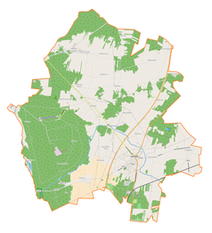 Mapa konturowa gminy Kamieńsk, blisko centrum po lewej na dole znajduje się punkt z opisem „Telewizyjna Stacja Retransmisyjna Zwałowisko”