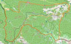 Mapa konturowa Szklarskiej Poręby, po prawej nieco u góry znajduje się punkt z opisem „Zespół Szkół Ogólnokształcących i Mistrzostwa Sportowego w Szklarskiej Porębie”