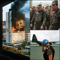 Jobbra lent: Norvég ENSZ katona Szarajevóban Jobbra fent: Ratko Mladić katonák kíséretében. Balra: A szarajevói parlament épülete, 1992 májusában, miután bombatalálatot kapott.