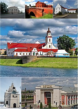 Top: Orsha Saint Joseph Church, Mill Museum (Muzey Mlyn), Orsha Trinitarian Monastery, Center: The complex Jesuit Collegium of Orsha, Bottom: Orsha Holy Trinity Church, Orsha Centralnaja Railroad Station (all item from left to right)