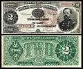 1890-es szériájú Treasury Note (Coin Note) 2 dolláros államjegy.