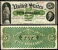 Az 1861-es Deamnd Note sorozat New Yorkban beváltható 5 dollárosa, előoldalán szabadság-szobor (Thomas Crawford alkotása) és Alexander Hamilton portréja.