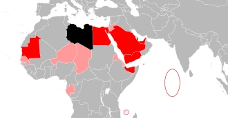 Carte de l'Afrique, de la péninsule arabique et de l'océan Indien mettant en relief l'évolution des relations diplomatiques avec le Qatar conséquemment à la crise.