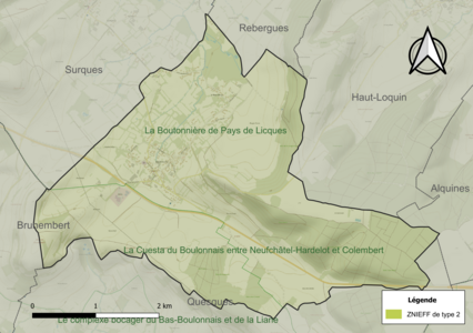 Carte des ZNIEFF de type 2 sur la commune.