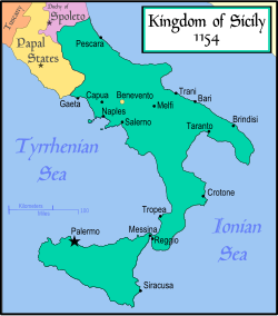 The Kinrick o Sicily as it existit at the daith o its foonder, Roger II o Sicily, in 1154