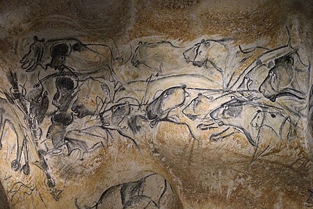 Grotte Chauvet 2 - Ardèche, panneau des lions et des lionnes. Art pariétal. Aurignacien, 37 à 33 500 ans avant le présent.